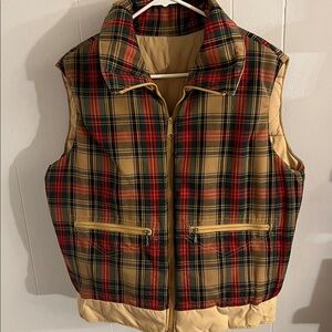 Vintage Reversible Women's Tan Quilted Vest with Plaid Lining Small/ Medium